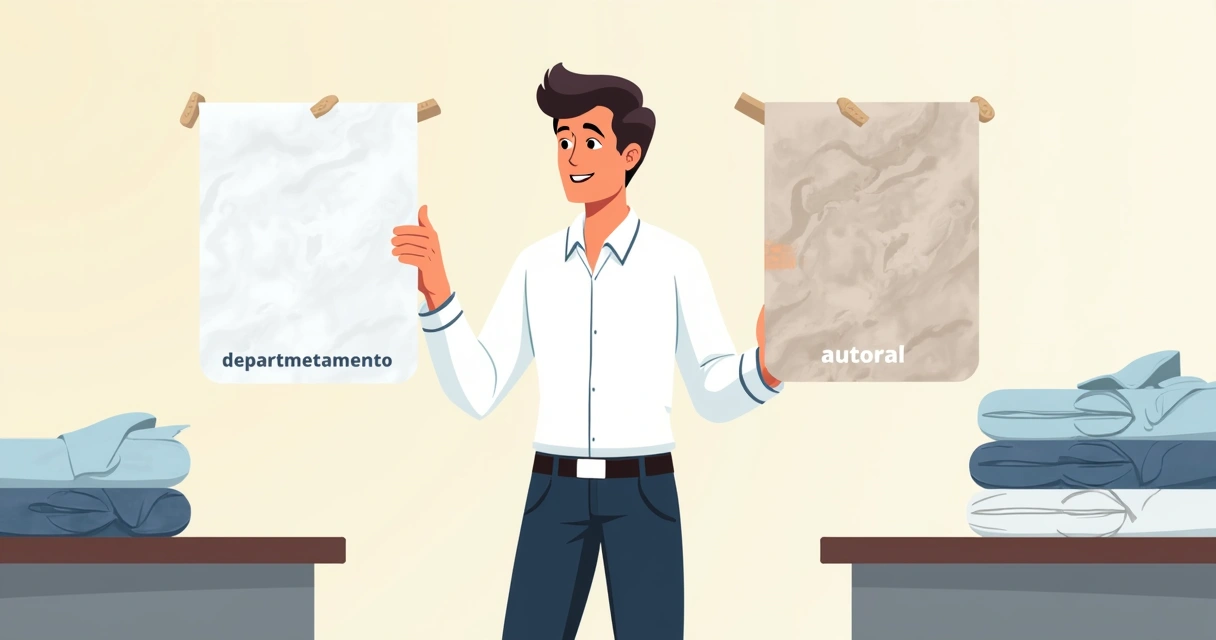 Homem analisando tecidos de camisetas em dois balcões diferentes 