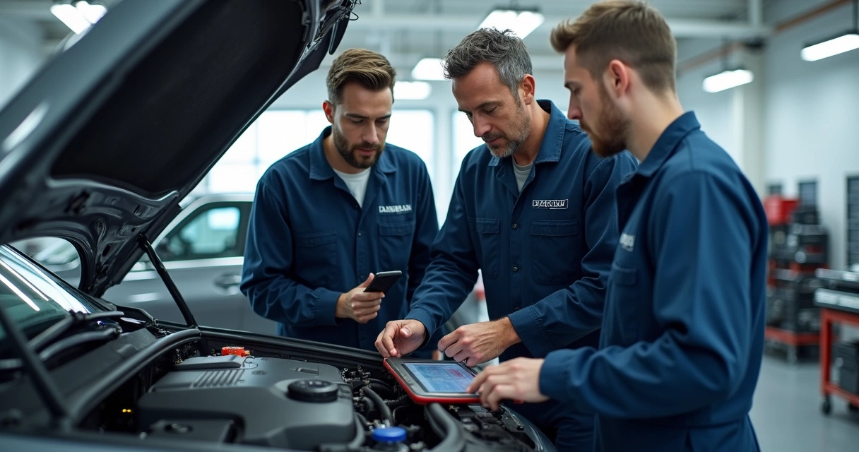 Equipe técnica analisando motor de carro em oficina automotiva