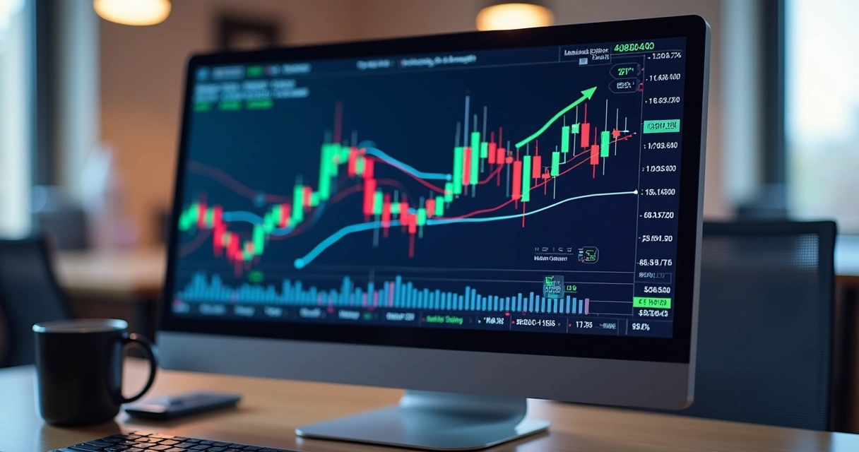 Gráfico colorido de análise técnica com médias móveis e candles 