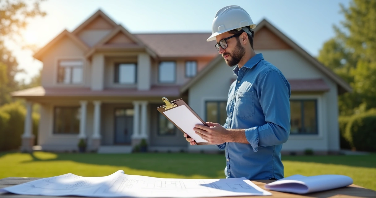 Engenheiro analisa estrutura de imóvel residencial com documentos em mãos 