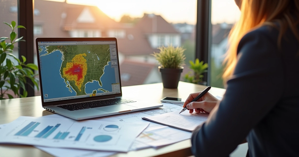 Pessoa analisando mapa solar de telhado urbano com laptop e documentos 