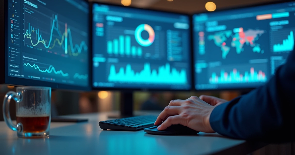 Profissional analisando dashboards de vendas e automações com IA 