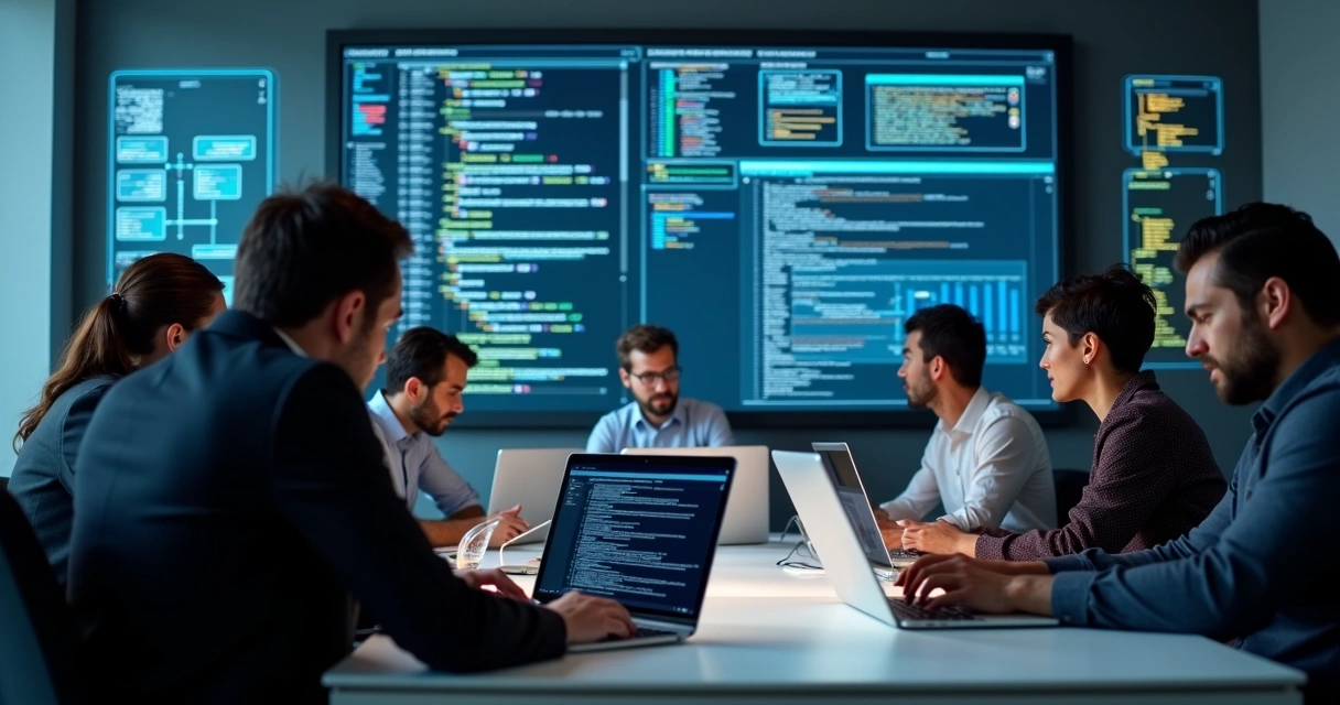 Equipe reunida analisando código e documentos em notebooks 