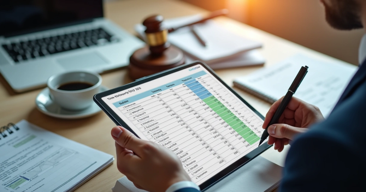 Planilha de controle de tempo de tarefas jurídicas em um notebook 