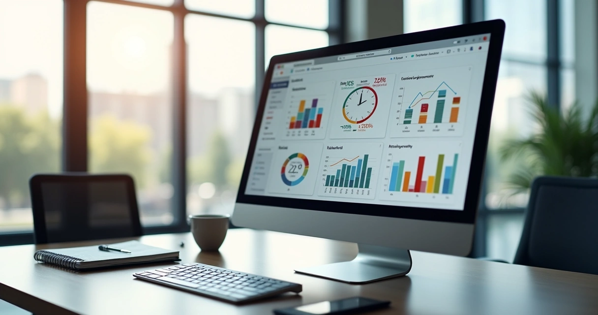 Computador exibindo dashboard com gráficos de vendas, cronômetro e fluxos de CRM em ambiente de escritório moderno 