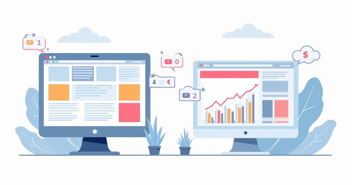 Gráfico de tempo médio de permanência em página destacado ao lado de diferentes layouts de landing page 