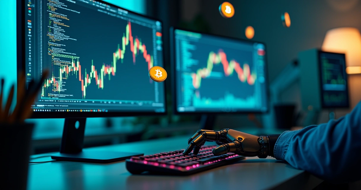 Tela cheia de gráficos de tendências de criptomoedas em vários monitores 