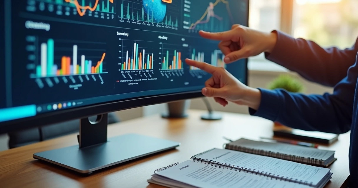 Pessoa analisando gráficos de tendências culturais em tela