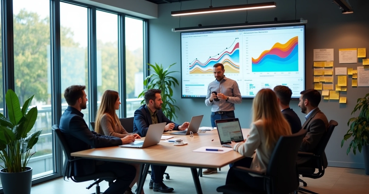 Equipe analisando gráficos de feedback em tela grande 