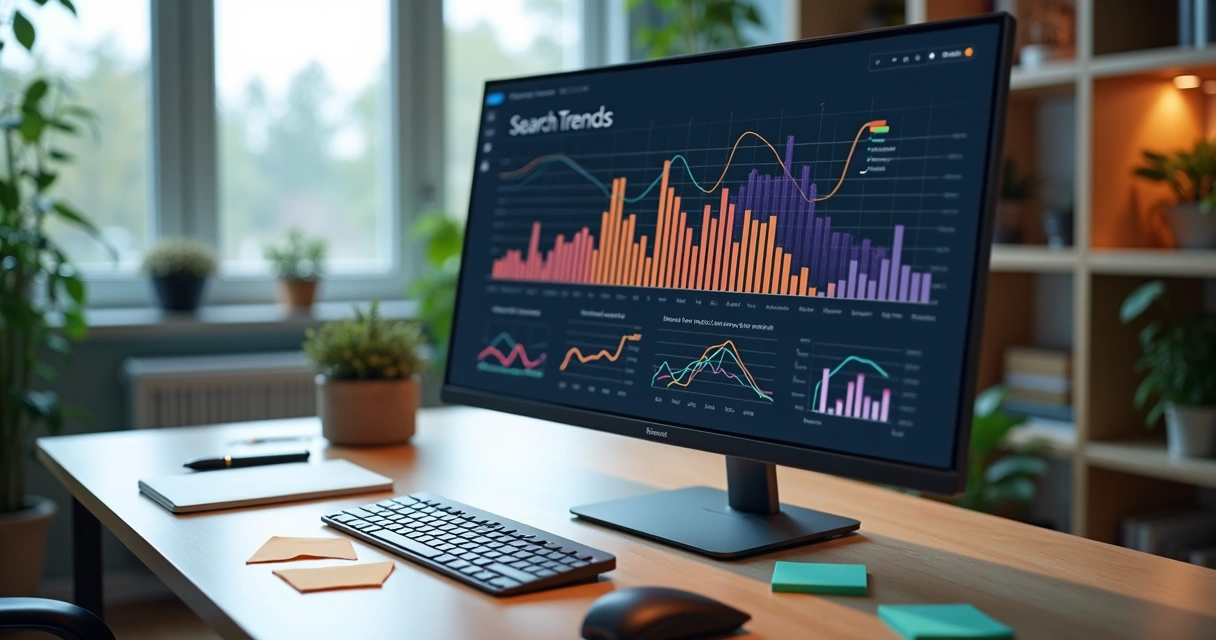 Painel de computador com gráficos de tendências de pesquisa em tela