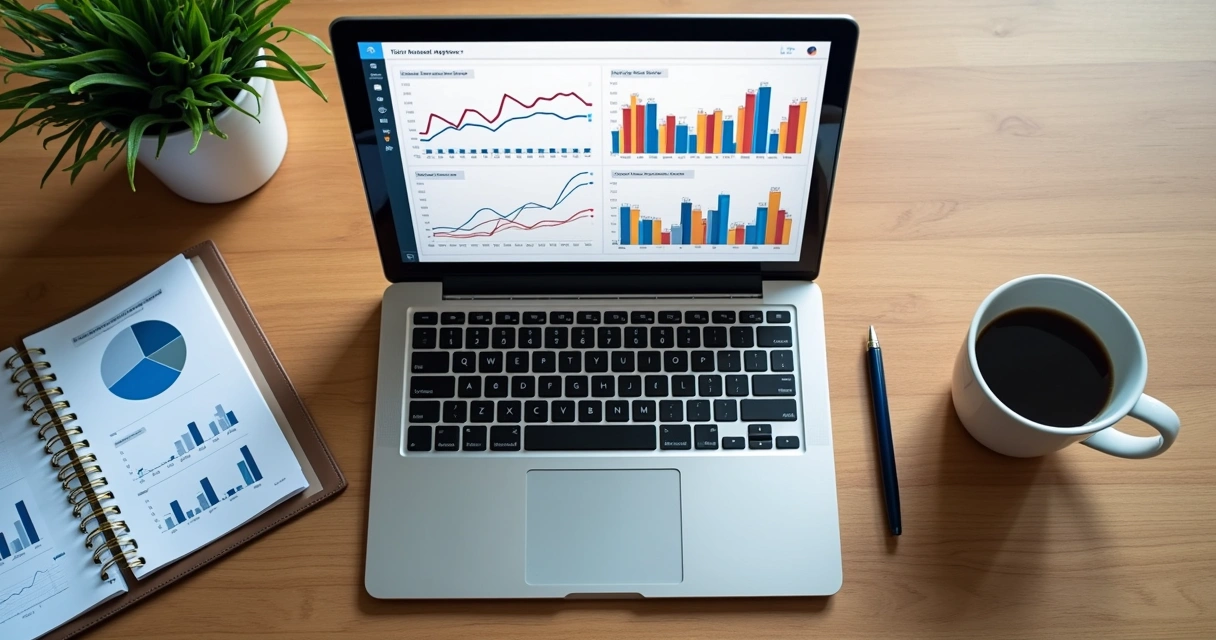 Mesa de trabalho com laptop, gráficos e anotações para análise de tendências e previsões precisas 