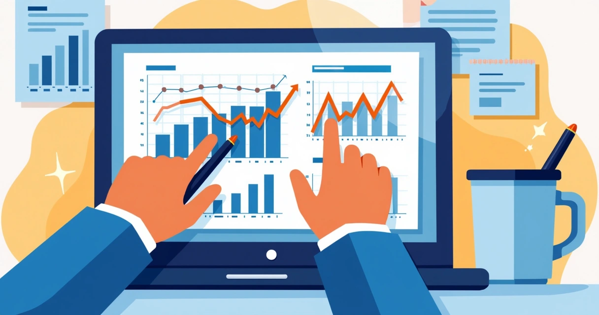 Pessoa analisando tendências e gráficos de vendas em um notebook 
