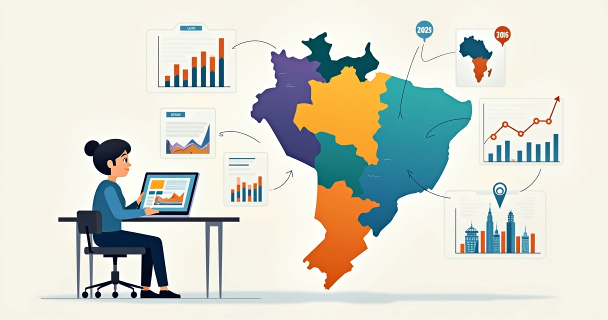 Mapa do Brasil estilizado com gráficos de tendências regionais 