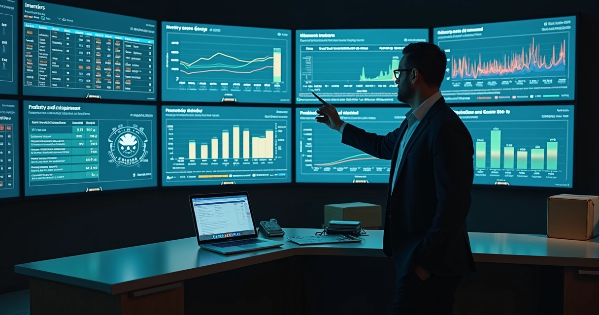 Gestor analisa painel digital com gráficos de ruptura de estoque e previsão de pedidos 