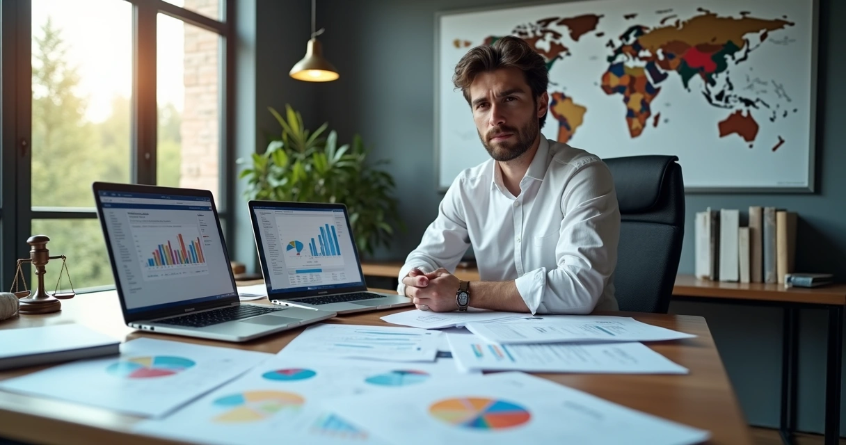Profissional analisando documentos de parceiros em mesa de trabalho 