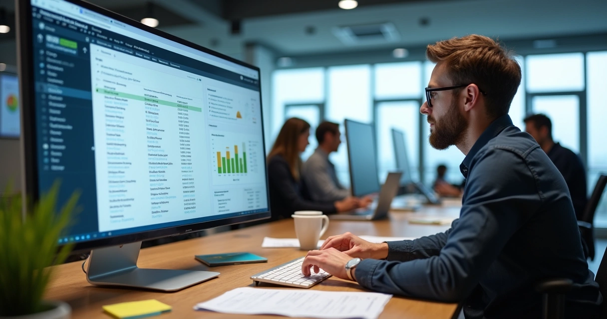 Gestor analisando lista de termos negativos em um monitor, ambiente de escritório moderno, gráficos em tela 