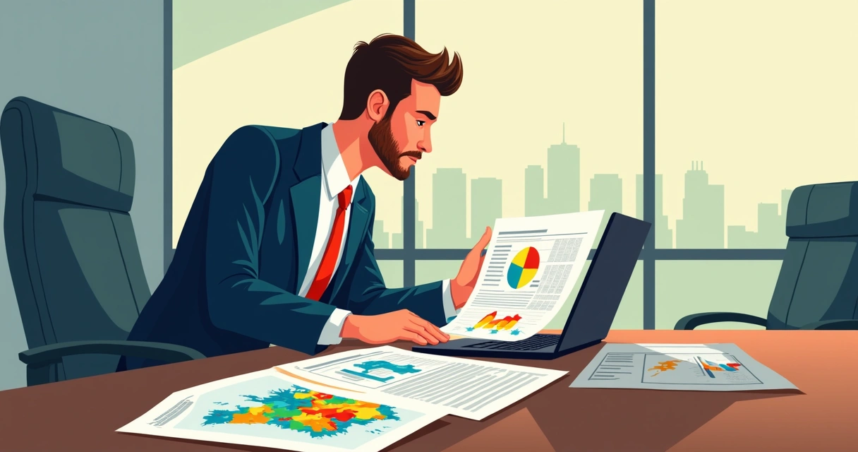 Advisor imobiliário em Orlando analisando gráficos e teses de investimento em mesa de reuniões 