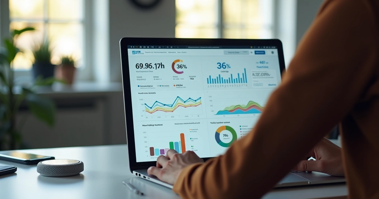 Profissional analisando gráficos de upsell em notebook