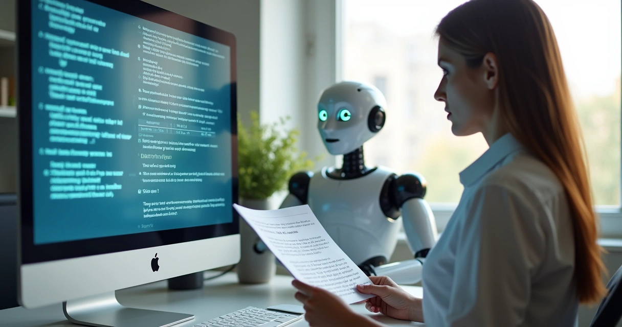 Pessoa analisando um texto digital no monitor, com robô ao lado e uma folha com anotações naturais 