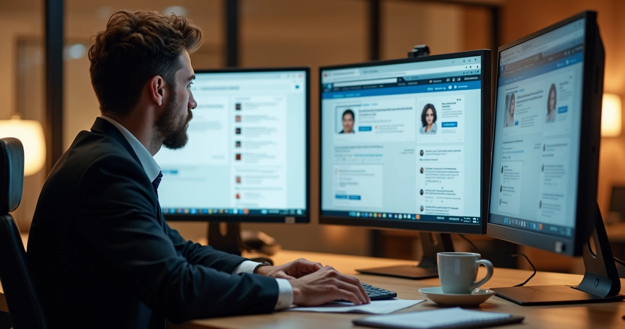 Pessoa analisando postagens do LinkedIn em tela, destacando diferenças sutis no estilo 