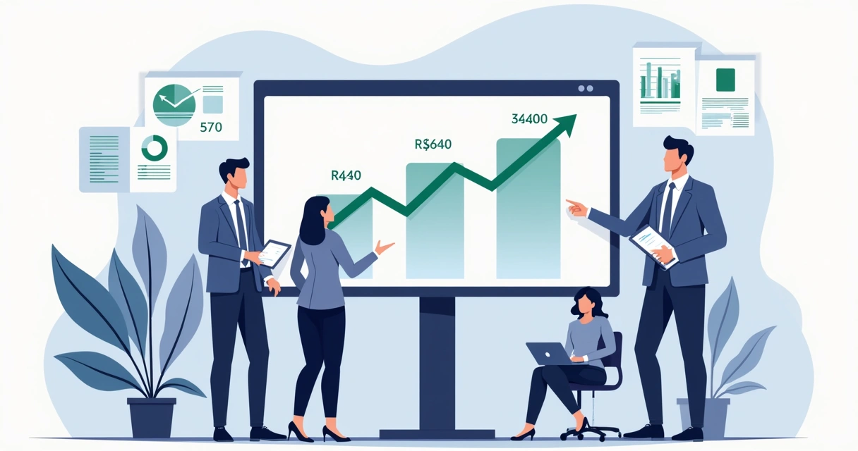 Gráfico de análise de ticket médio com setas crescentes, valores em destaque e equipe analisando dados em uma mesa de escritório 