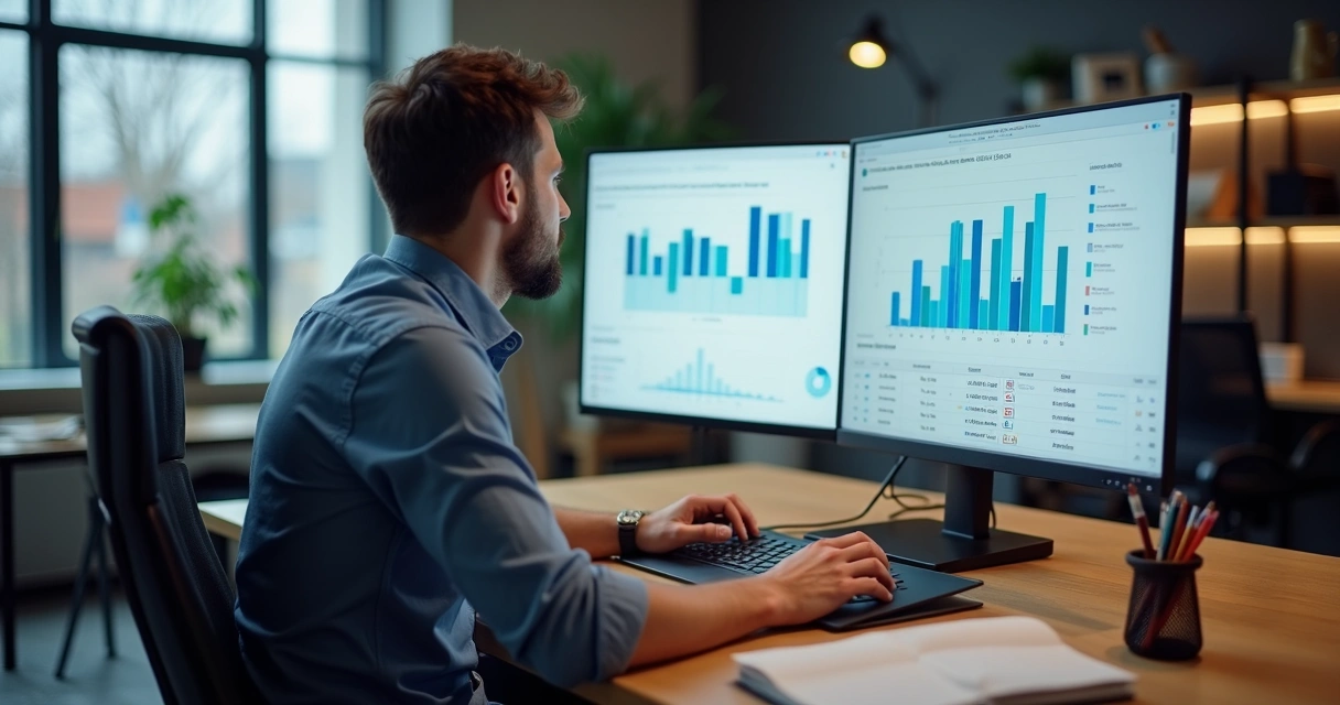 Analista de e-commerce analisando gráficos de ticket médio em tela de computador grande