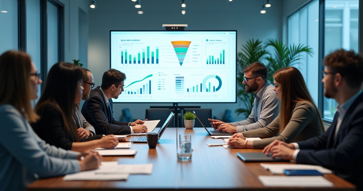 Equipe ao redor de uma mesa analisando gráficos digitais de vendas 