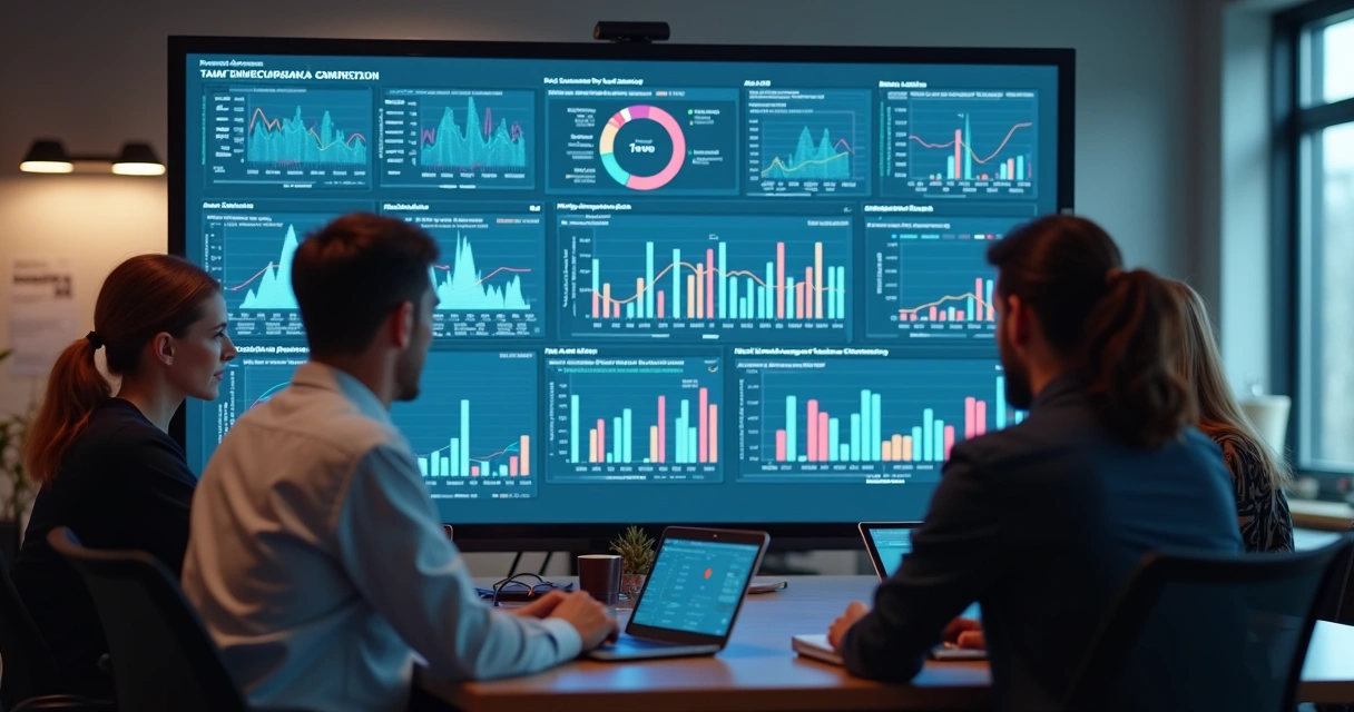 Equipe de vendas analisando dados de mercado em um monitor grande 