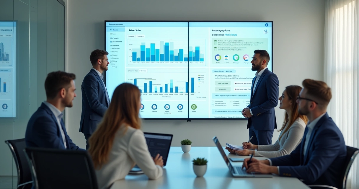 Equipe de vendas analisando dados em uma tela grande 