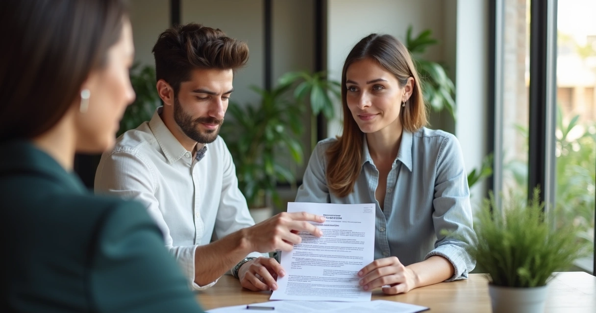 Corretor mostrando documento negativo a casal em escritório 