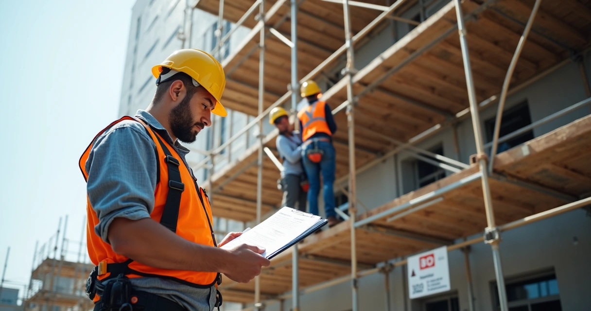 Técnico de segurança do trabalho analisando documentos de NR 35 em local de trabalho em altura.