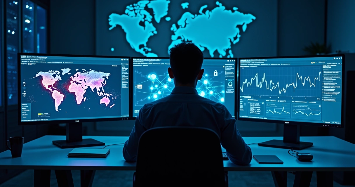 Especialista comparando visitas de bots e tráfego real em duas telas de computador 