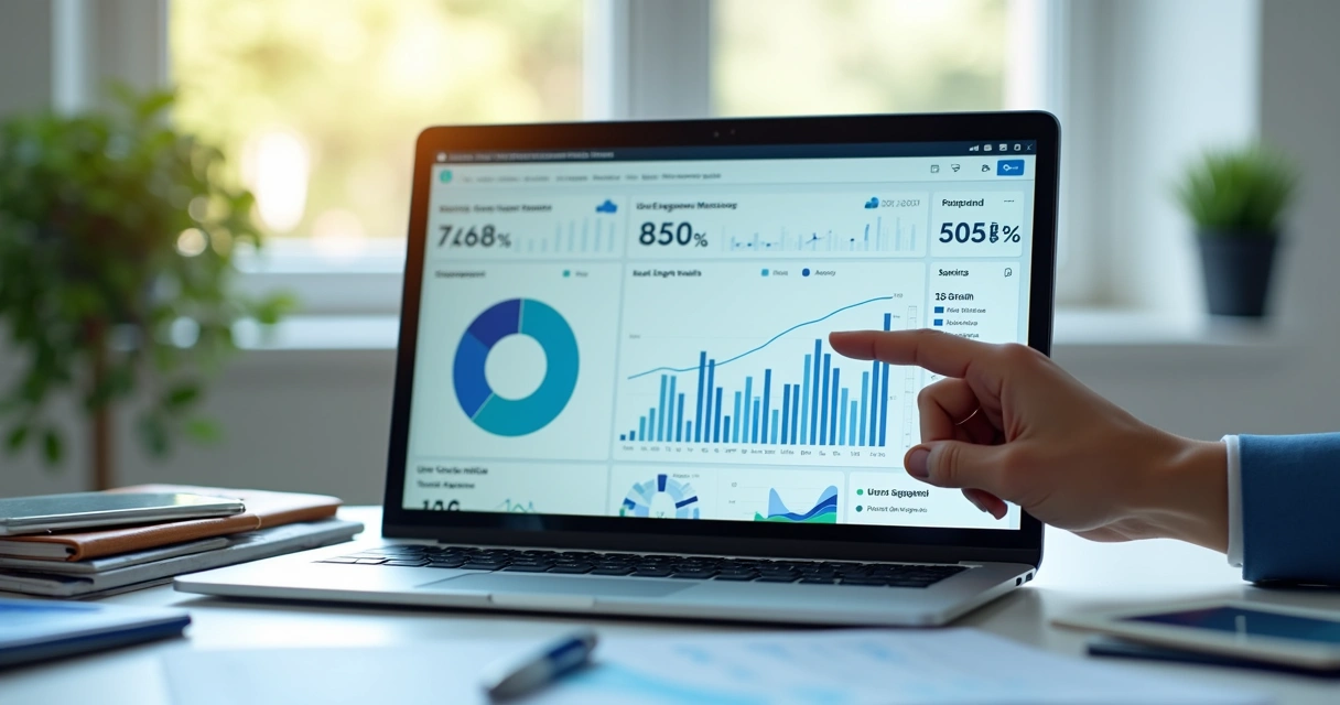 Painel de dados digitais de marketing sendo analisado em tela de notebook. 