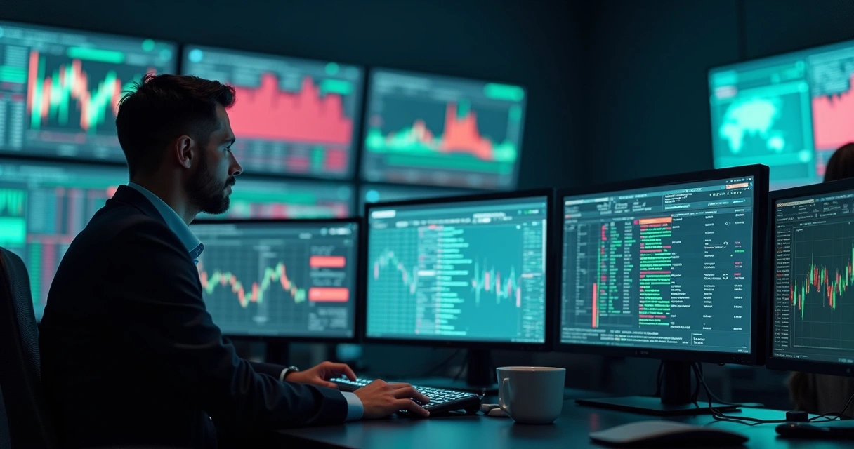 Analista diante de vários monitores com gráficos de transações digitais em tempo real 