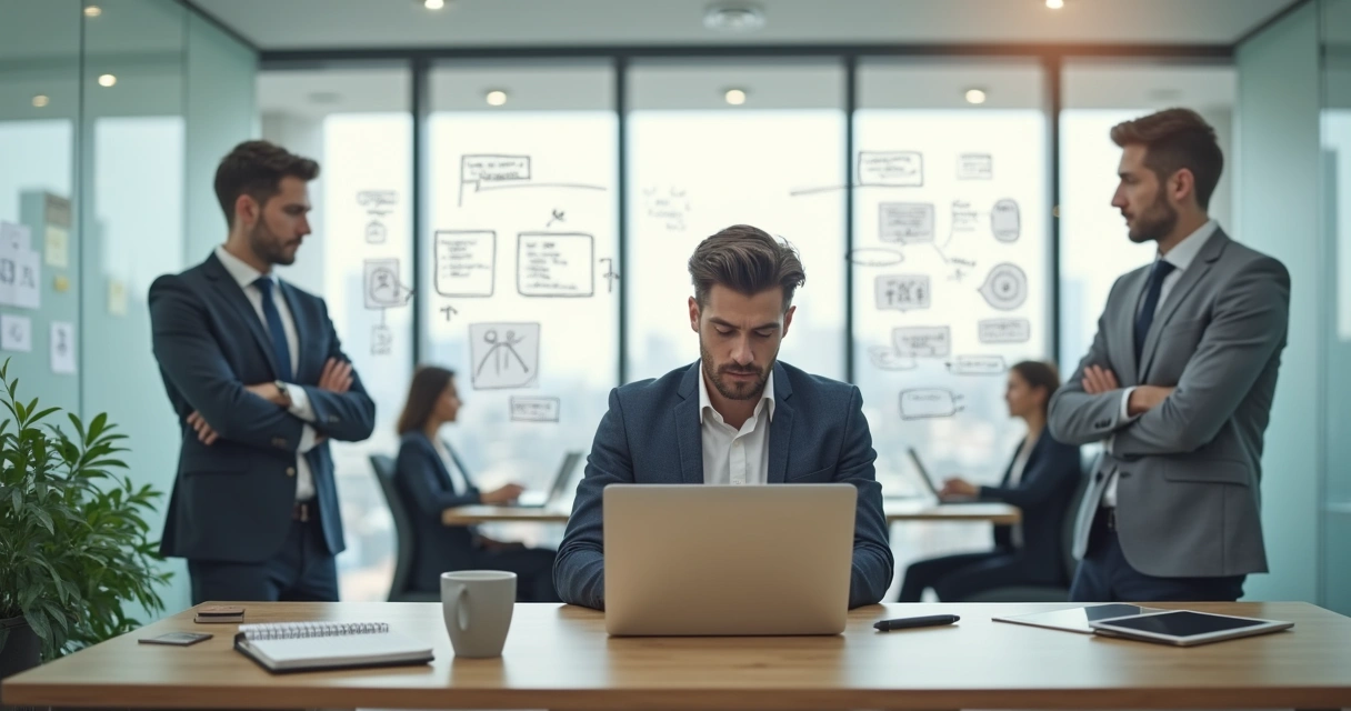 Profissional refletindo sobre relações de trabalho com três versões de si mesmo em um ambiente corporativo moderno 