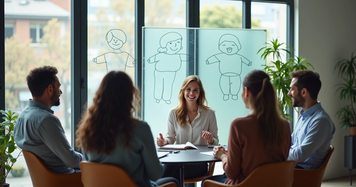 Equipe diversificada sentada em círculo, conversando de forma colaborativa