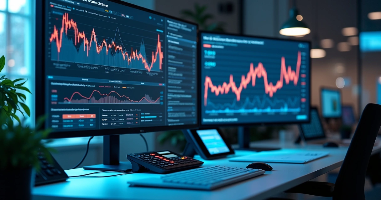 Tela de computador com gráficos financeiros e monitoramento em tempo real 