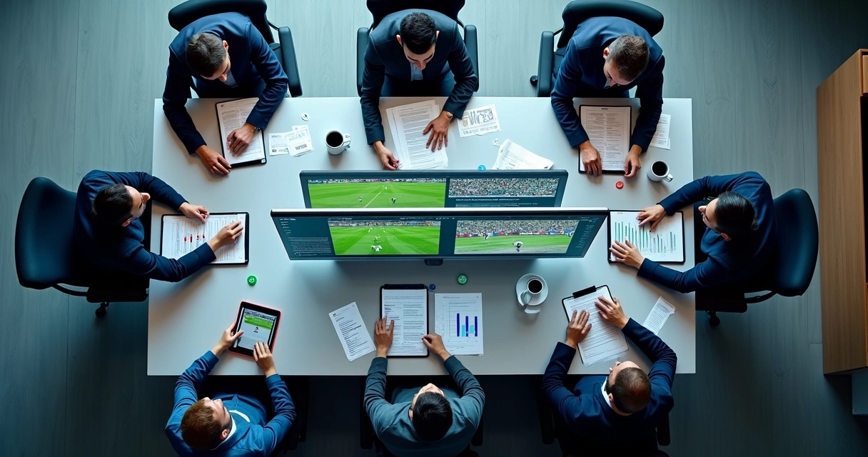 Equipe analisando transmissão esportiva em múltiplas telas 