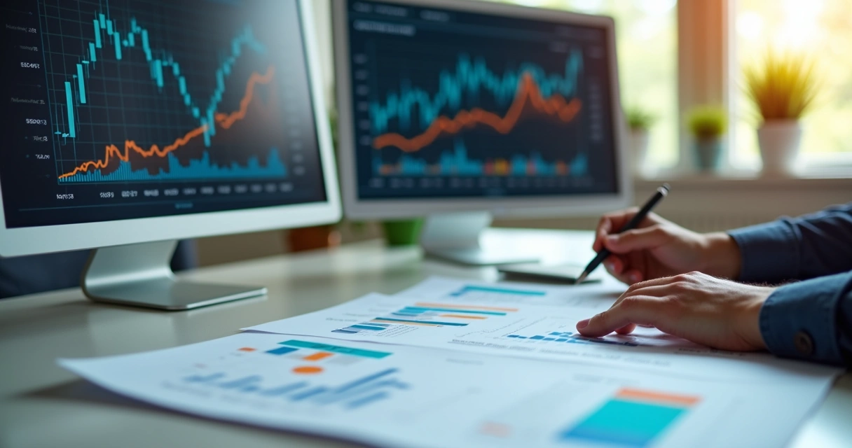 Pessoa analisando gráficos financeiros e documentos em um escritório moderno