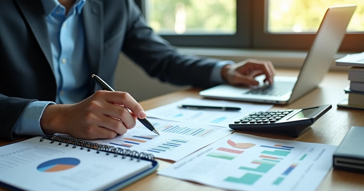 Contador analisando gráficos e documentos tributários em mesa de escritório 