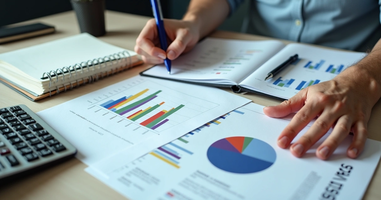 Pessoa analisando documentos de contabilidade e gráficos empresariais na mesa 