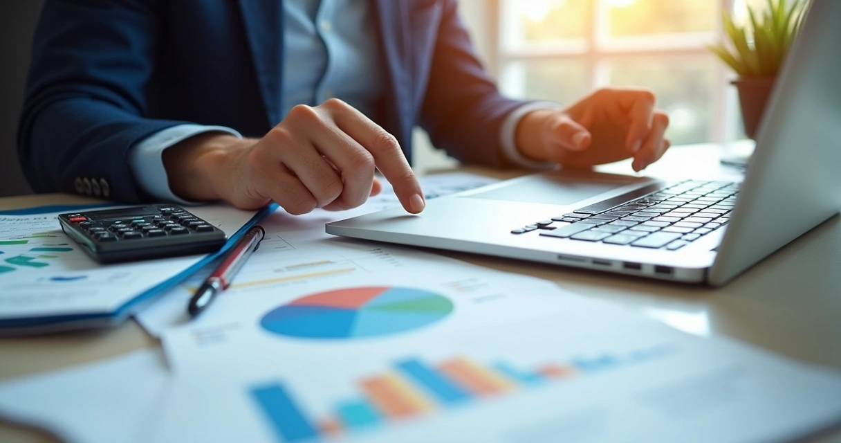 Profissional analisando documentos fiscais e societários com gráficos financeiros 