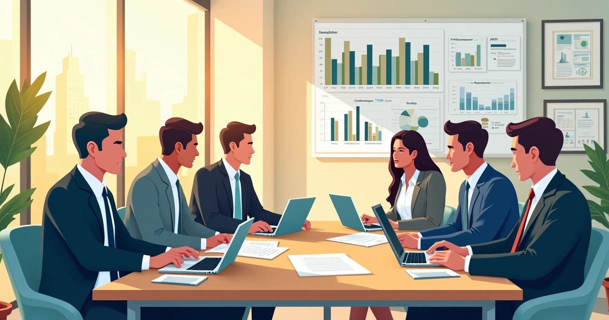 Equipe de consultores analisando documentos fiscais em uma mesa de reunião 