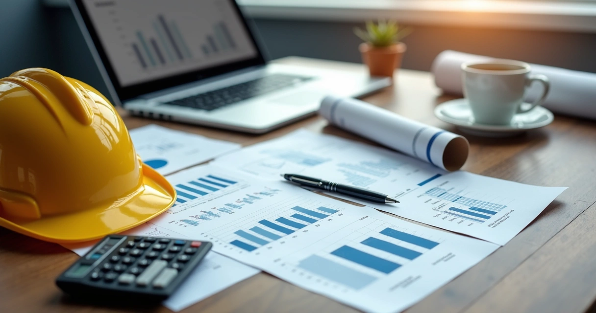 Planilhas, capacete e calculadora sobre mesa de escritório 