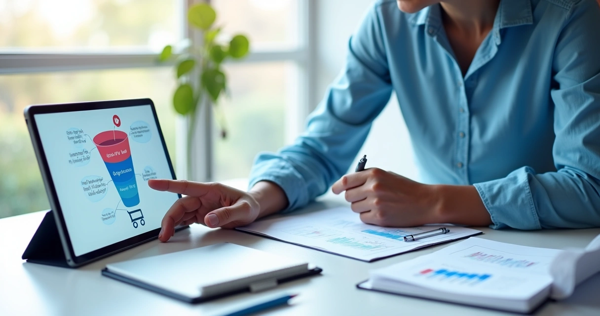 Análise detalhada de comportamento de usuários no e-commerce, profissional apontando para gráfico digital com funil e etapas de checkout.
