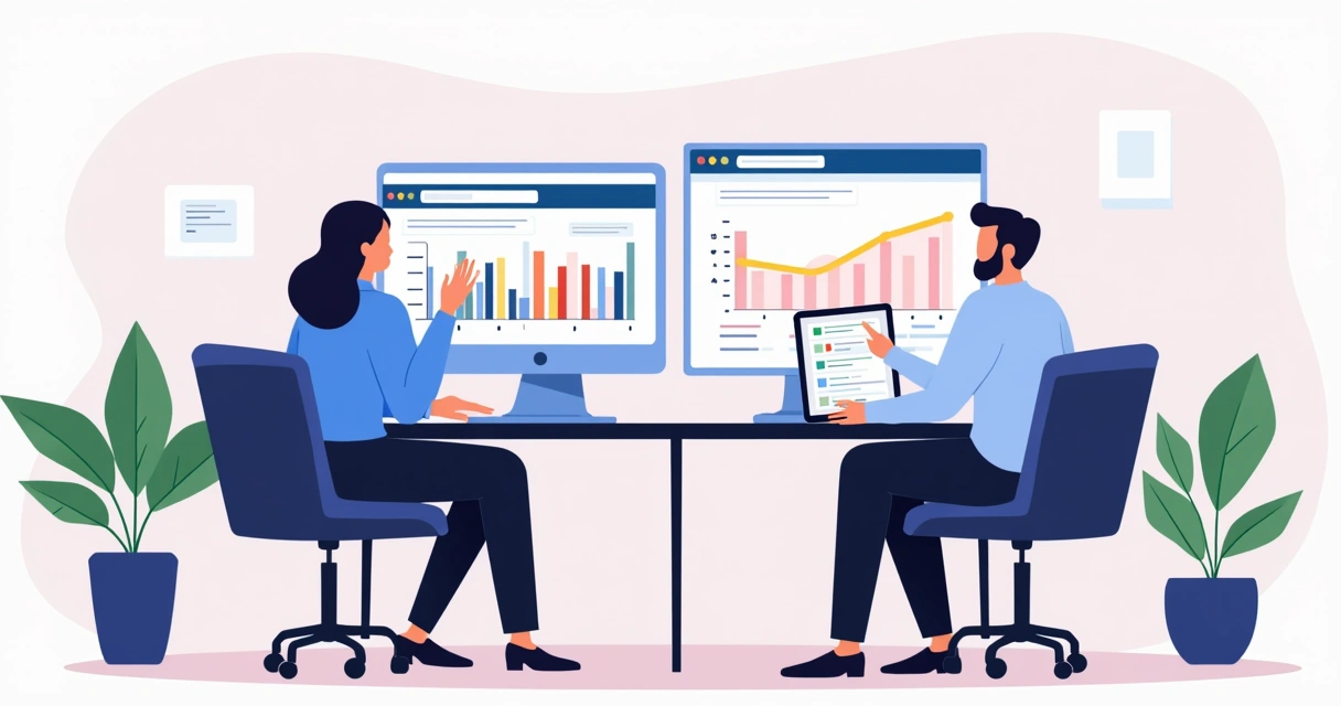 Usuários analisando gráficos em tela de computador e tablet