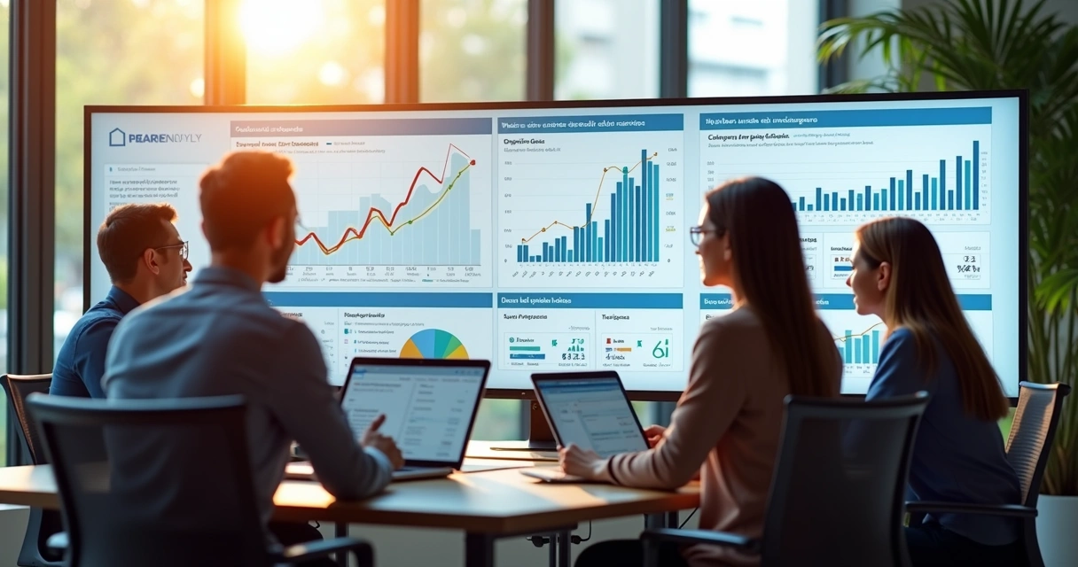 Equipe analisando dados de usuários em telas grandes de computador 