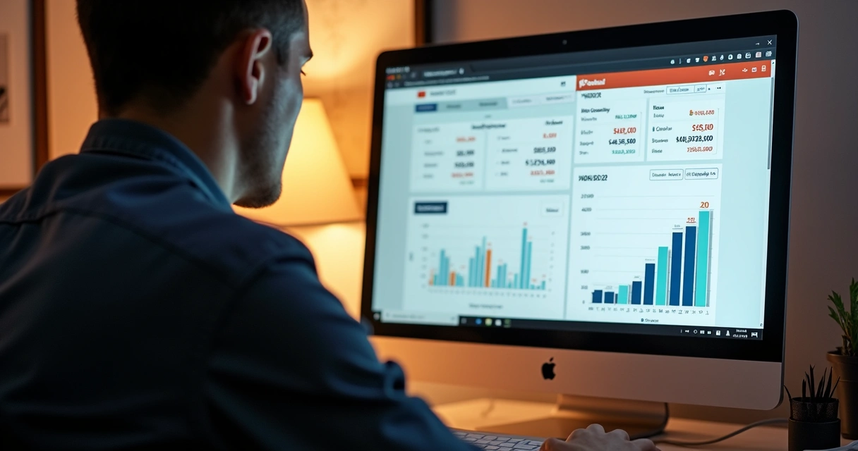 Pessoa analisando o valor de um imóvel em leilão usando computador e gráficos