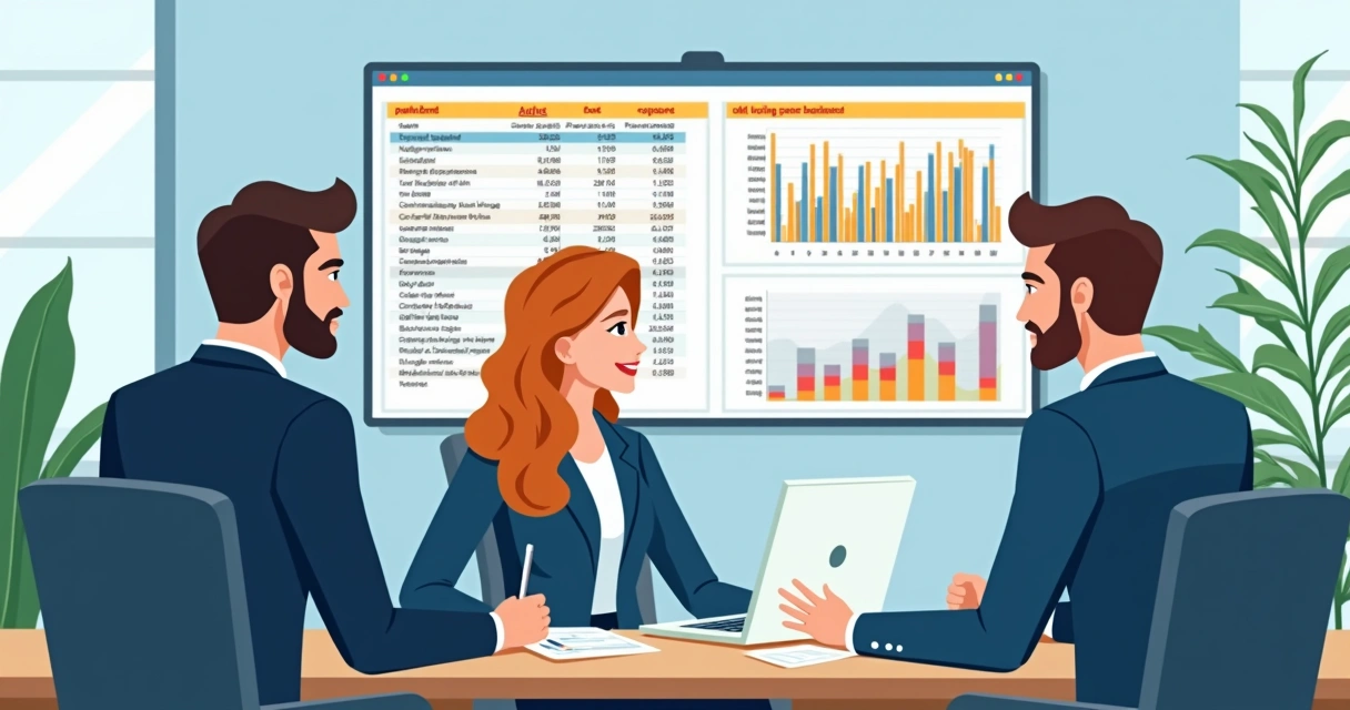 Empresário e sua equipe analisando planilha de custos e ganhos em notebook e tela