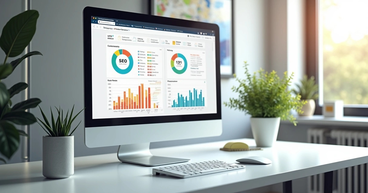 Computador moderno exibindo na tela gráficos de desempenho e velocidade de site, com indicadores de carga rápida, em ambiente de escritório minimalista e luz natural 